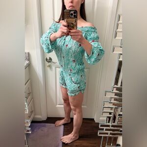 Romper, Size S, Floral Off-Shoulder, Green/White/Red w/ pockets